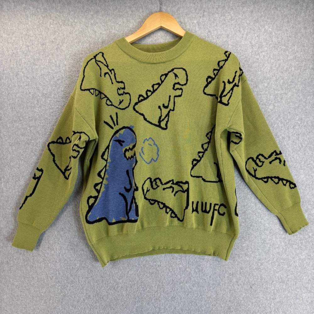 Angry Dinosaur T Rex Knit Crewneck Sweater Unisex Size Medium Green Blue Cartoon
